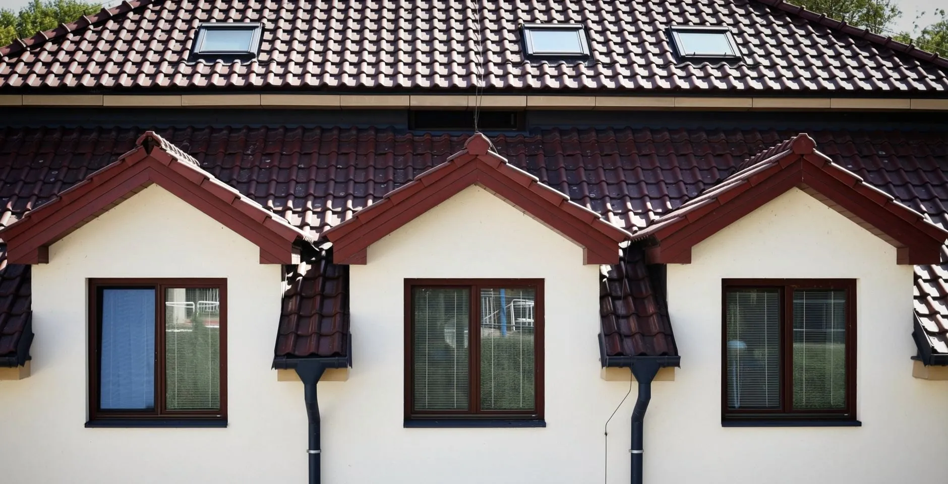 A rendered house with three small dormers, dark gutters, fascia boards and two downpipes